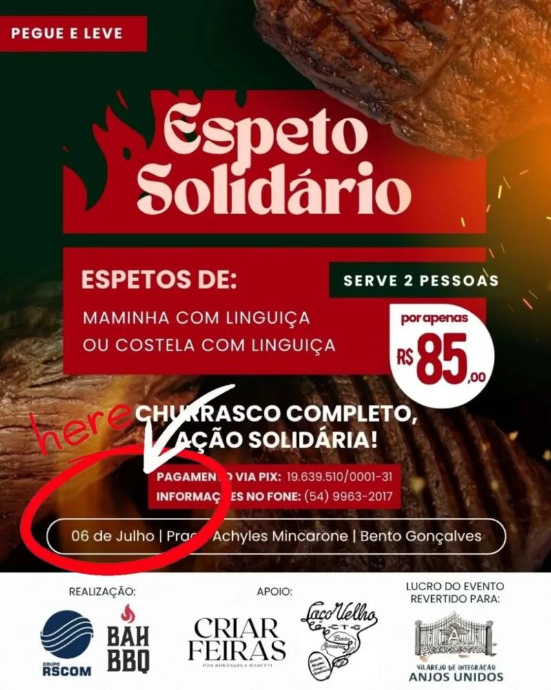 Espeto Solidário tem nova data! Participe! Vem com a Gente!